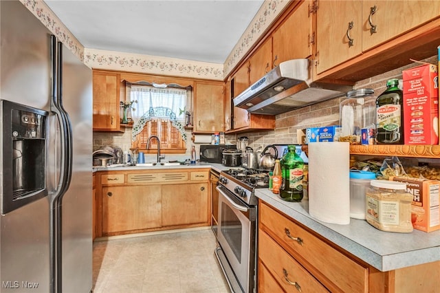 313 E 244th St, Euclid, OH 44123 - kitchen with appliances with stainless steel finishes, under cabinet range hood, a sink, backsplash, and light countertops