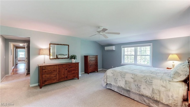 7700 Clarion Dr, Chagrin Falls, OH 44022 - bedroom with light carpet, an AC wall unit, baseboards, and a ceiling fan