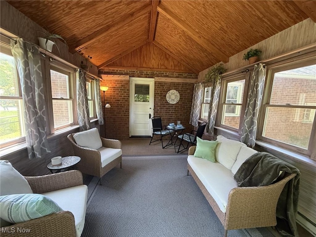 1089 Homestead Rd, South Euclid, OH 44121 - sunroom featuring wood ceiling, plenty of natural light, baseboard heating, carpet flooring, and brick wall