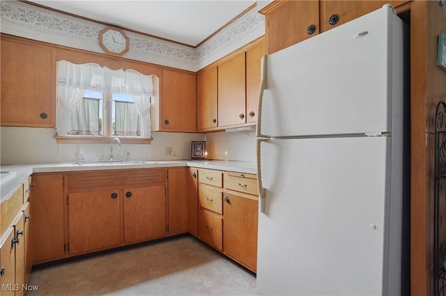 1783 Depot Rd, Salem, OH 44460 - kitchen featuring freestanding refrigerator, a sink, light countertops, and light floors