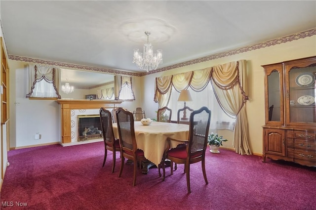 1783 Depot Rd, Salem, OH 44460 - dining area featuring a chandelier, carpet, a fireplace, and baseboards
