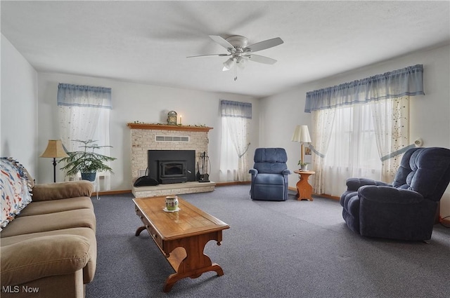 1783 Depot Rd, Salem, OH 44460 - carpeted living area with a ceiling fan, a brick fireplace, and baseboards