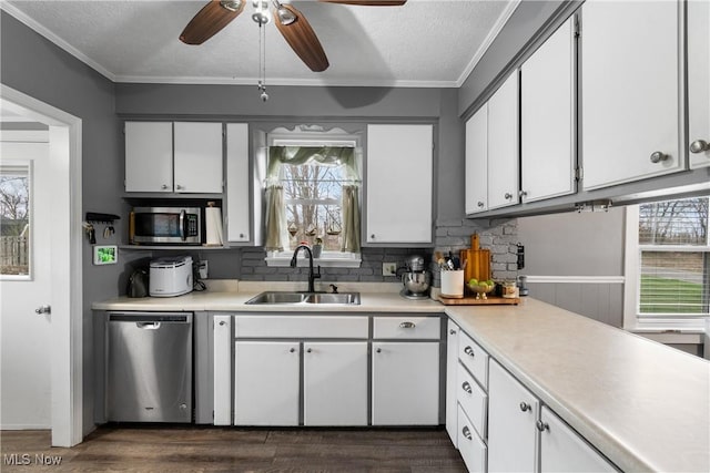 2445 Pigeon Run Rd SW, Massillon, OH 44647 - kitchen featuring stainless steel appliances, a sink, white cabinetry, light countertops, and dark wood-type flooring