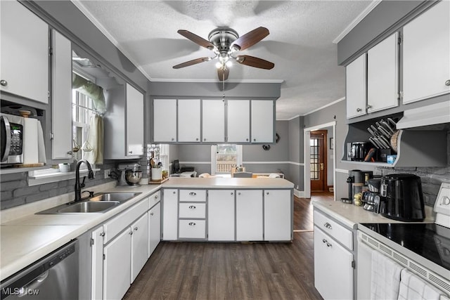 2445 Pigeon Run Rd SW, Massillon, OH 44647 - kitchen with electric stove, stainless steel dishwasher, a sink, crown molding, and dark wood-type flooring