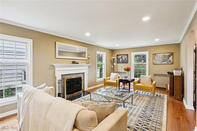3945 Meadowbrook Blvd, University Heights, OH 44118 - living room featuring radiator, wood finished floors, a fireplace with flush hearth, baseboards, and recessed lighting
