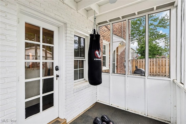 3945 Meadowbrook Blvd, University Heights, OH 44118 - unfurnished sunroom with beamed ceiling