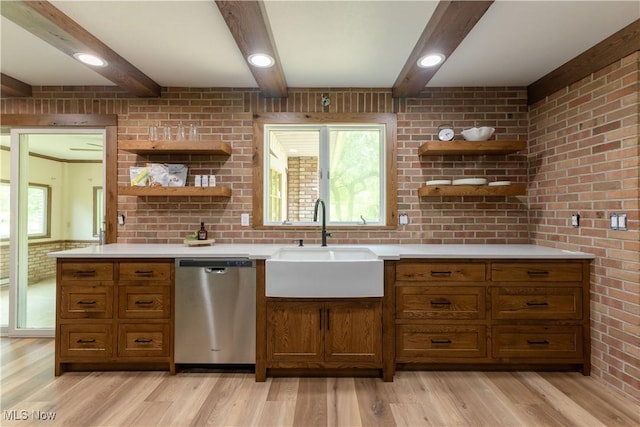 978 Housel Craft Rd, Bristolville, OH 44402 - kitchen with dishwasher, open shelves, a sink, brown cabinets, and beamed ceiling