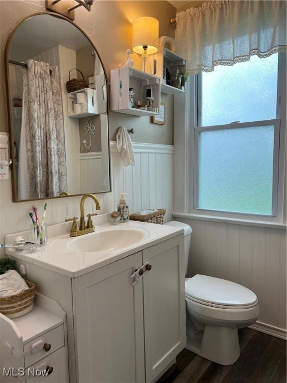 724 8th St, Struthers, OH 44471 - full bath featuring vanity, toilet, wood finished floors, wainscoting, and curtained shower