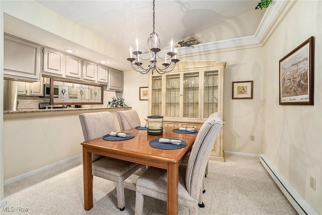 194 Lisa Ann Dr, Huron, OH 44839 - dining room featuring a baseboard heating unit, a chandelier, light carpet, baseboards, and recessed lighting