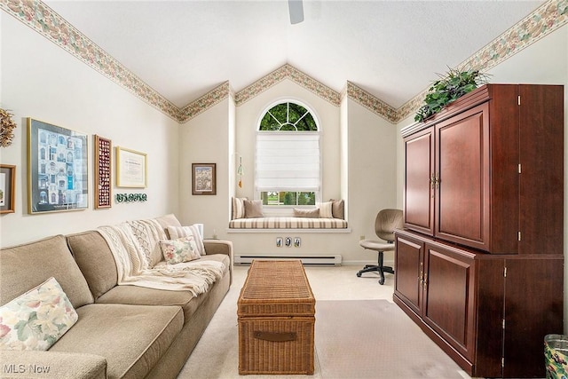 194 Lisa Ann Dr, Huron, OH 44839 - carpeted living area featuring vaulted ceiling and a baseboard radiator