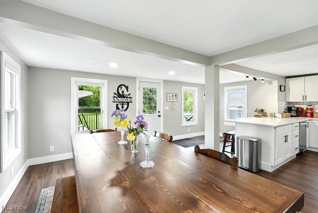 3136 Ellet Ave, Akron, OH 44312 - dining room with baseboards, dark wood-style flooring, plenty of natural light, and recessed lighting