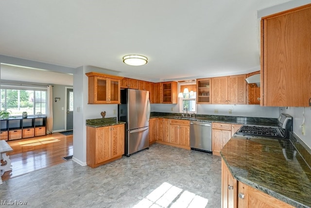 869 State Route 303, Streetsboro, OH 44241 - kitchen featuring appliances with stainless steel finishes, a sink, under cabinet range hood, glass insert cabinets, and brown cabinets
