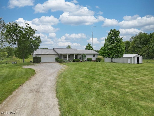 16000 Louisville St, Homeworth, OH 44634 - single story home with dirt driveway, a garage, a front lawn, and metal roof