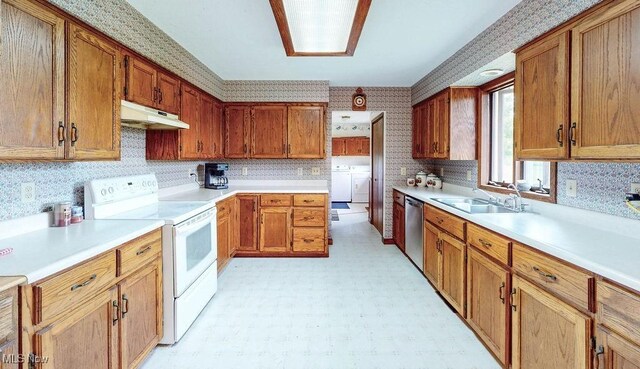 16000 Louisville St, Homeworth, OH 44634 - kitchen with electric range, under cabinet range hood, a sink, dishwasher, and light flooring