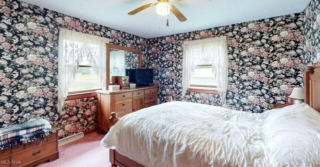 16000 Louisville St, Homeworth, OH 44634 - bedroom with wallpapered walls, light colored carpet, a ceiling fan, and baseboards