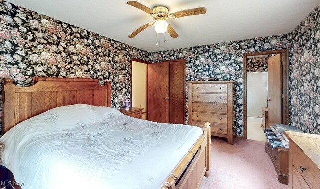 16000 Louisville St, Homeworth, OH 44634 - bedroom featuring wallpapered walls, light colored carpet, and ceiling fan