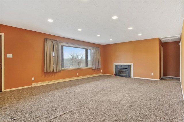 4017 Bellaire Ln, Peninsula, OH 44264 - unfurnished living room with baseboards, carpet, recessed lighting, and a fireplace