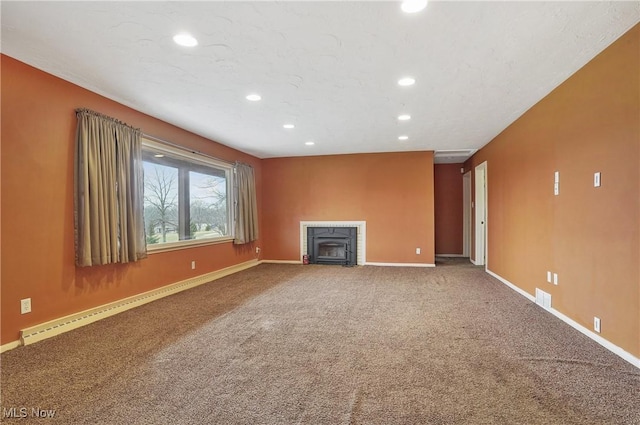 4017 Bellaire Ln, Peninsula, OH 44264 - unfurnished living room featuring recessed lighting, baseboards, carpet floors, and a fireplace