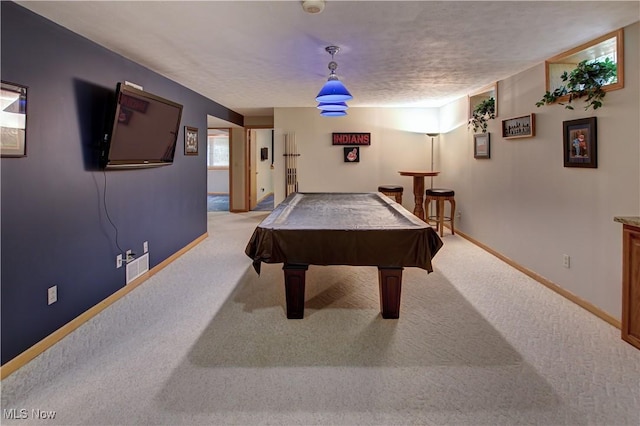 3936 Burgundy Bay Blvd W, Medina, OH 44256 - recreation room with light colored carpet, baseboards, pool table, and a textured ceiling