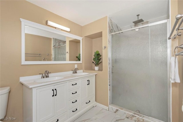 2381 Charney Rd, University Heights, OH 44118 - full bathroom with toilet, a stall shower, double vanity, and marble look tiles