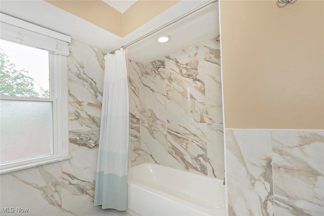2381 Charney Rd, University Heights, OH 44118 - full bathroom with shower / bath combo with shower curtain, tile walls, recessed lighting, and marble finish flooring