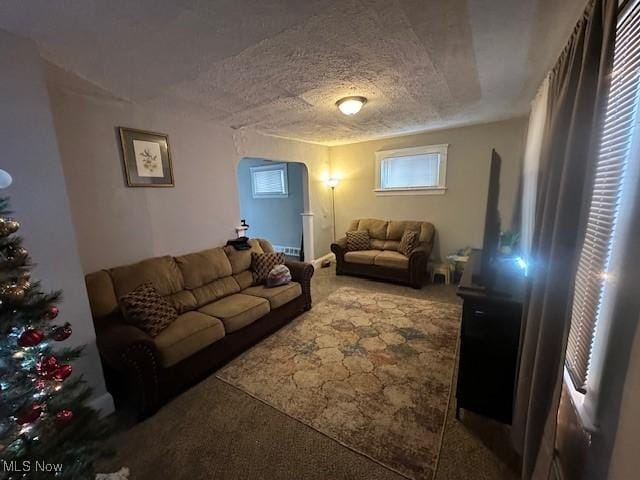 9705 Marah Ave, Cleveland, OH 44104 - carpeted living room featuring a textured ceiling