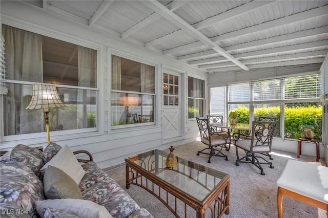 50 Luikart Dr, Euclid, OH 44123 - sunroom / solarium featuring carpet floors, an outdoor hangout area, and beamed ceiling