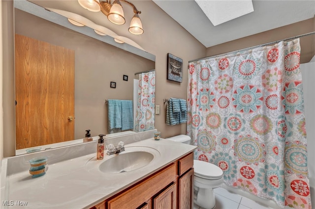 808 Doty Dr, Wadsworth, OH 44281 - bathroom with toilet, a skylight, vanity, tile patterned flooring, and a shower with shower curtain