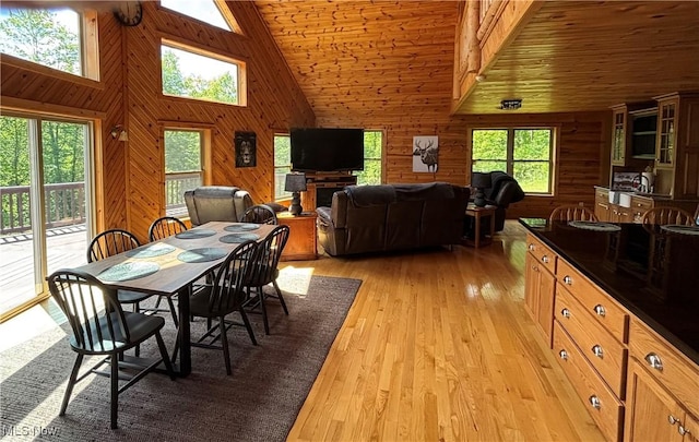 693 Evening Star Ave SE, East Canton, OH 44730 - dining space featuring healthy amount of natural light, high vaulted ceiling, wood ceiling, wood walls, and light wood-style flooring