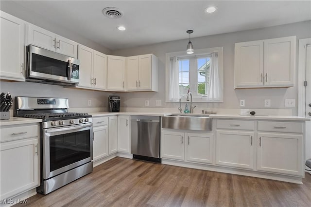 603 S Raccoon Rd Unit 13, Austintown, OH 44515 - kitchen featuring appliances with stainless steel finishes, a sink, white cabinetry, light wood-type flooring, and light countertops