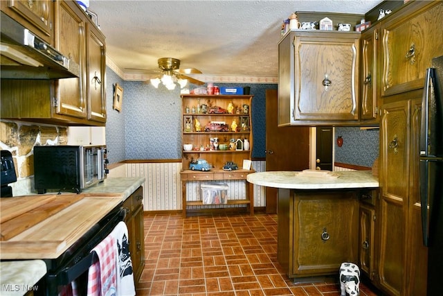 172 Camrose Dr, Niles, OH 44446 - kitchen featuring wallpapered walls, under cabinet range hood, brick patterned floors, a ceiling fan, and light countertops