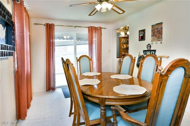 172 Camrose Dr, Niles, OH 44446 - dining room with a ceiling fan, light colored carpet, and ornamental molding