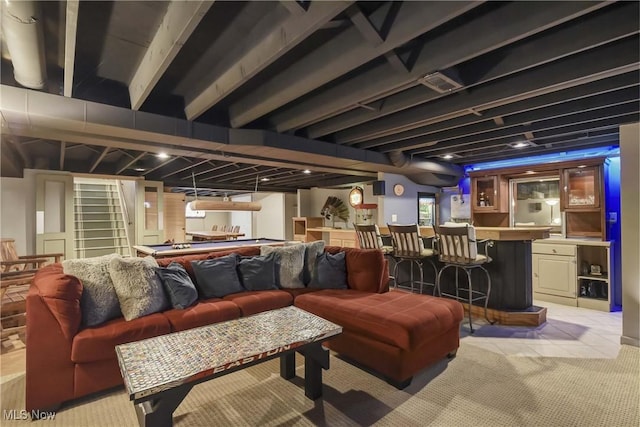 4346 Selhurst Rd, North Olmsted, OH 44070 - living area with wet bar, light carpet, and billiards table