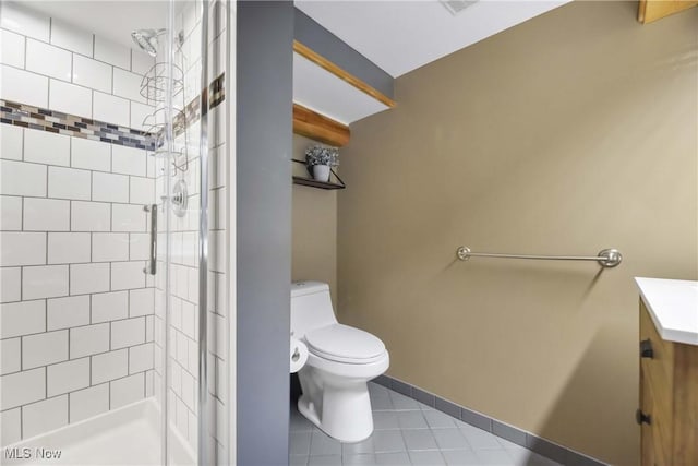 4346 Selhurst Rd, North Olmsted, OH 44070 - bathroom with toilet, a stall shower, vanity, tile patterned floors, and baseboards