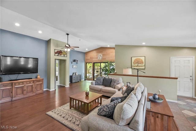 4346 Selhurst Rd, North Olmsted, OH 44070 - living room with lofted ceiling, a ceiling fan, baseboards, recessed lighting, and wood finished floors