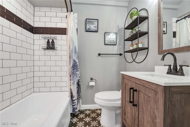 4346 Selhurst Rd, North Olmsted, OH 44070 - full bathroom with vanity, toilet, shower / tub combo with curtain, and baseboards