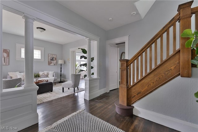 16 Eleanor Ave, Youngstown, OH 44509 - foyer entrance with ornate columns, wood finished floors, and stairs