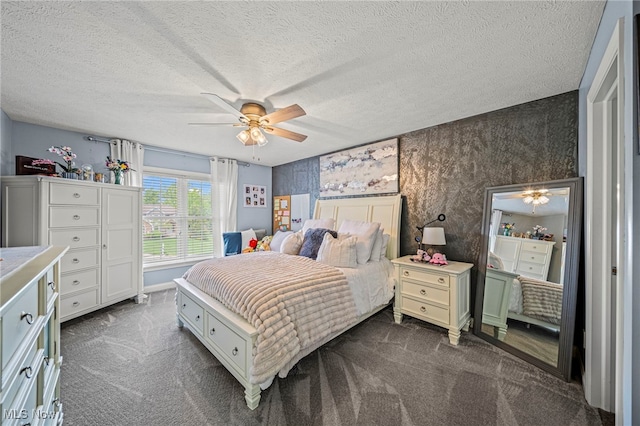 8041 Daisy Hill Ct, Concord, OH 44077 - bedroom with dark carpet, a textured ceiling, ceiling fan, wallpapered walls, and baseboards