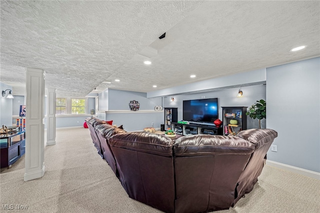 8041 Daisy Hill Ct, Concord, OH 44077 - living area with decorative columns, a textured ceiling, carpet flooring, baseboards, and recessed lighting