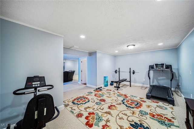 8041 Daisy Hill Ct, Concord, OH 44077 - workout room with a textured ceiling, recessed lighting, carpet flooring, ornamental molding, and baseboards