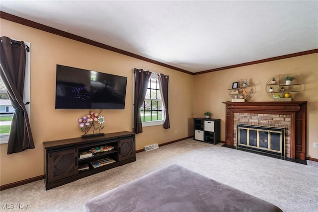 410 Hickory Hollow Dr, Canfield, OH 44406 - living area with carpet floors, baseboards, crown molding, and a brick fireplace