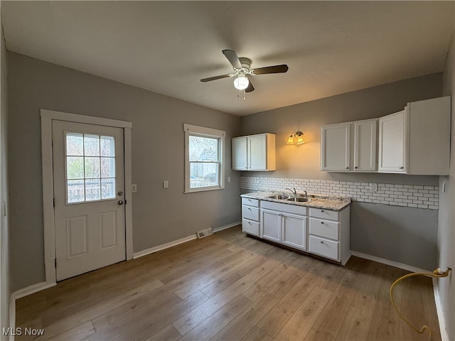 1013-1017 Washington Ave, Lorain, OH 44052 - kitchen with a sink, a ceiling fan, white cabinets, backsplash, and light wood-type flooring