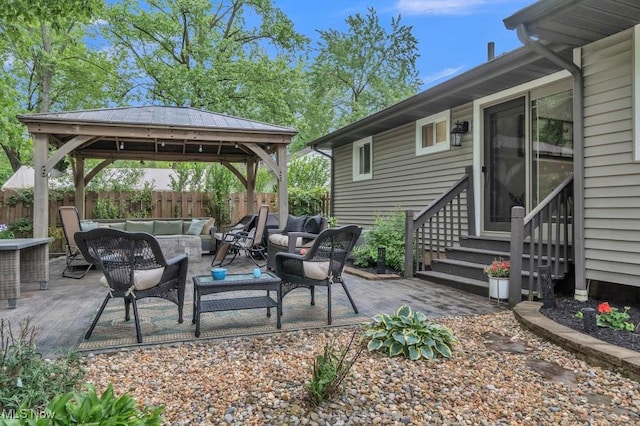 6254 Mackenzie Rd, North Olmsted, OH 44070 - view of patio with entry steps, a gazebo, outdoor lounge area, and a wooden deck