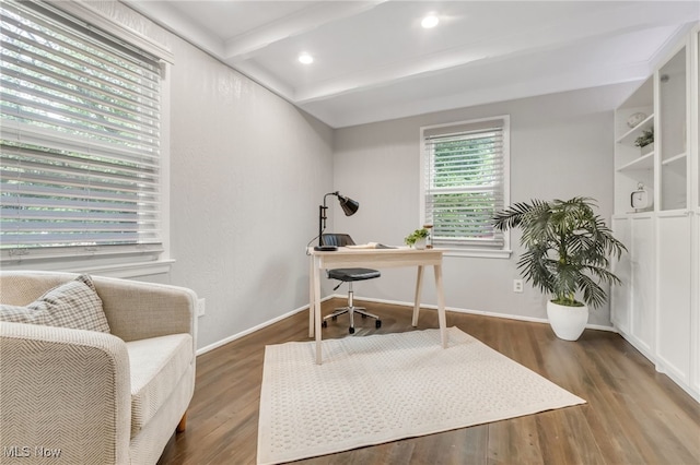 2524 Claver Rd, University Heights, OH 44118 - office featuring beamed ceiling, wood finished floors, and baseboards