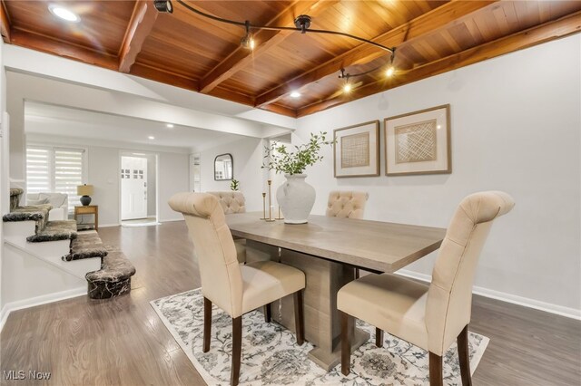 2524 Claver Rd, University Heights, OH 44118 - dining area featuring wood ceiling with exposed beams, wood finished floors, baseboards, and recessed lighting