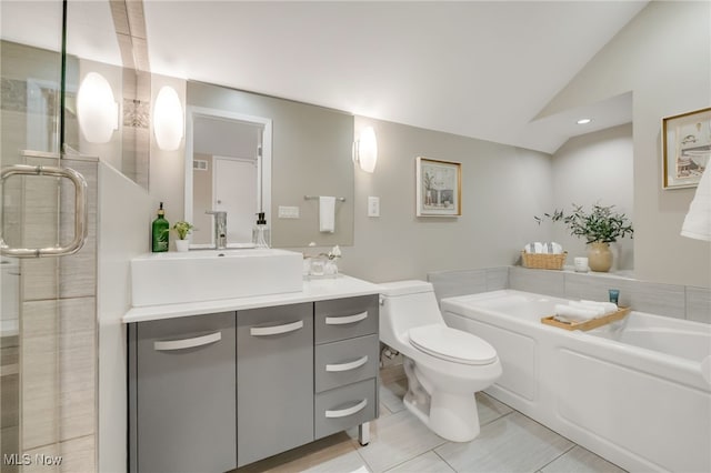 2524 Claver Rd, University Heights, OH 44118 - bathroom with vanity, toilet, a garden tub, a stall shower, and tile patterned floors