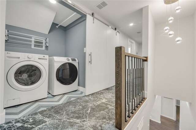 2524 Claver Rd, University Heights, OH 44118 - laundry room featuring a barn door, baseboards, washer and clothes dryer, and recessed lighting