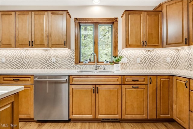 1271 Emerald Creek Dr, Broadview Heights, OH 44147 - kitchen featuring stainless steel dishwasher, a sink, light countertops, brown cabinets, and decorative backsplash