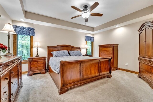 1271 Emerald Creek Dr, Broadview Heights, OH 44147 - bedroom with light carpet, recessed lighting, baseboards, a ceiling fan, and a raised ceiling