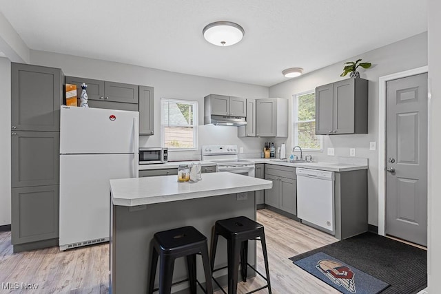 319 Sterling Ct, Akron, OH 44304 - kitchen featuring white appliances, under cabinet range hood, gray cabinets, and plenty of natural light